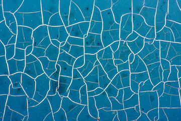 A network of irregular white lines creates a mesh-like pattern on the surface of the teal paint. Aged, cracked painted surface. The pattern is organic and flowing, creating a sense of movement.