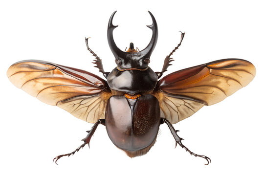 Rhinoceros beetle isolated on white background, detailed insect illustration, nature wildlife, horned beetle