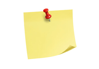 A yellow sticky note pinned with a round red pushpin at the top isolated on transparent background