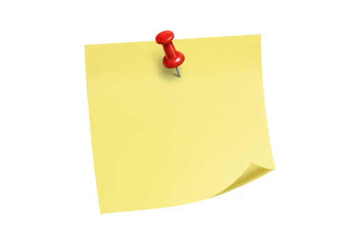 A yellow sticky note pinned with a round red pushpin at the top isolated on transparent background
