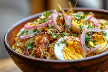 Delicious Spicy Chicken Biryani Rice Dish with Hard Boiled Eggs Red Onions Cilantro Garnish  Indian Cuisine Food Photography Restaurant Menu Eat Meal 