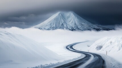  Snow-capped mountain with a winding road in front and a cloudy, dark sky behind