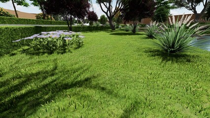 3d image of the landscape design of the home territory. Landscaping of the territory. Computer visualization of composite landscaping and landscaping solutions.