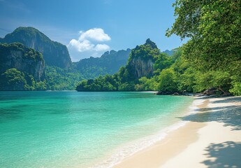 Obraz premium Serene Tropical Beach with Clear Turquoise Water, Lush Green Mountains, and Soft Sandy Shore Under a Bright Blue Sky