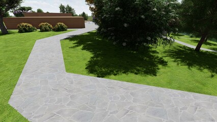 3d image of the landscape design of the home territory. Landscaping of the territory. Computer...