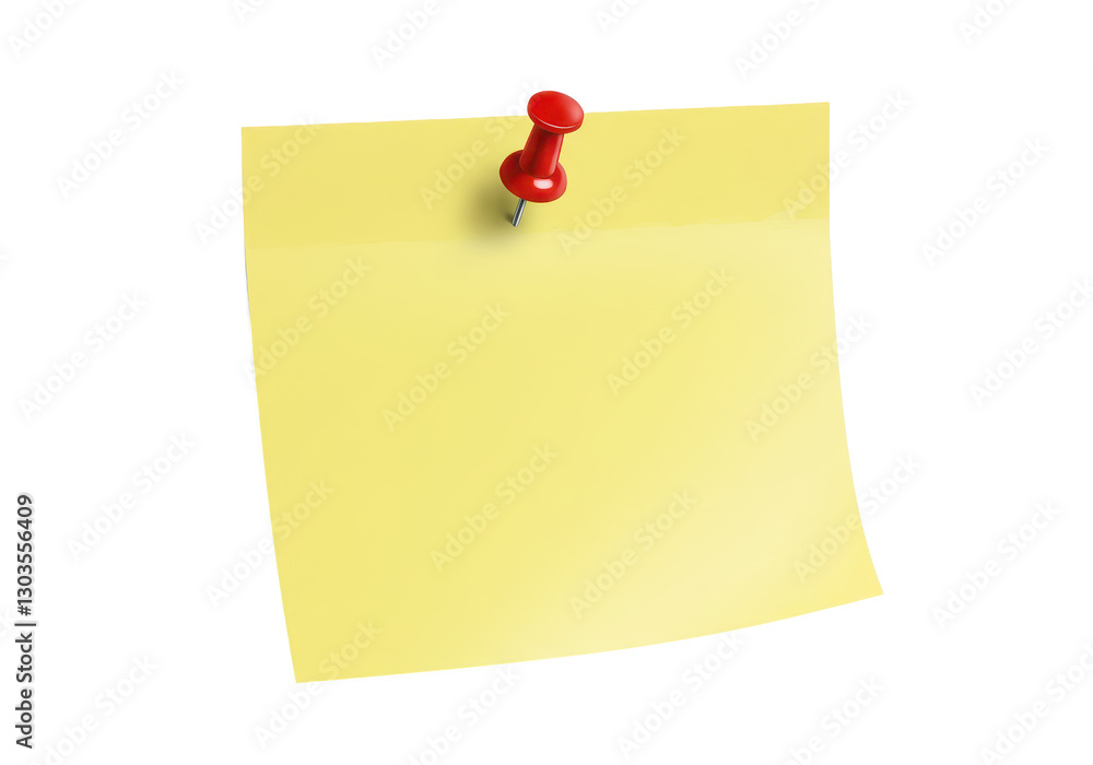 Poster a yellow sticky note pinned with a round red pushpin at the top isolated on transparent background