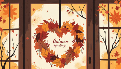 Heart wreath of autumn leaves swinging on glass door, seasonal welcome