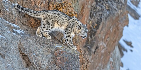 A solitary snow leopard carefully traverses rocky, icy cliffs, scanning the valley below for potential prey. Natural light enhances the scene