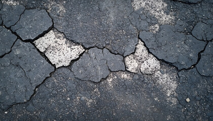 Obraz premium Road surface with markings. The asphalt surface cracks, breaks and falls apart, revealing a gray background. Top view