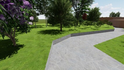 3d image of the landscape design of the home territory. Landscaping of the territory. Computer visualization of composite landscaping and landscaping solutions.