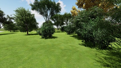 Obraz premium 3d image of the landscape design of the home territory. Landscaping of the territory. Computer visualization of composite landscaping and landscaping solutions.