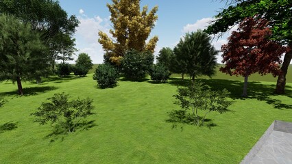 3d image of the landscape design of the home territory. Landscaping of the territory. Computer visualization of composite landscaping and landscaping solutions.
