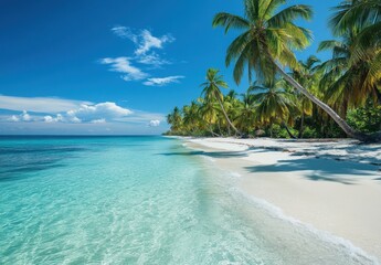 Serene Tropical Beach with Crystal Clear Water and Lush Palm Trees Under a Bright Blue Sky Perfect for Relaxation and Escape from Daily Life