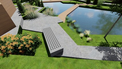 3d image of the landscape design of the home territory. Landscaping of the territory. Computer...