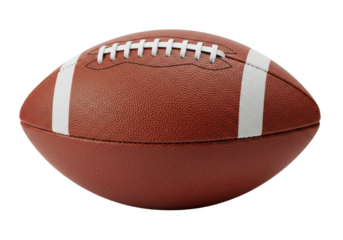 A close-up of an American football with a textured brown leather surface isolated on transparent background