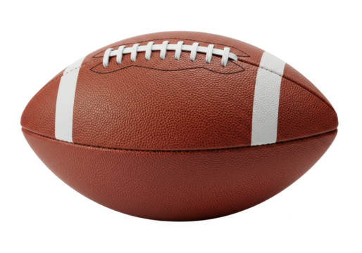 A close-up of an American football with a textured brown leather surface isolated on transparent background