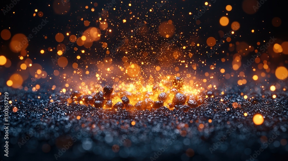 Poster sparkling fire explosion on dark surface with bokeh background