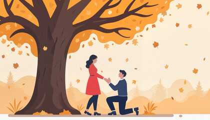 Romantic proposal in autumn park by large oak tree, love and commitment
