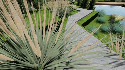 3d image of the landscape design of the home territory. Landscaping of the territory. Computer visualization of composite landscaping and landscaping solutions.