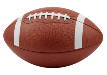 A close-up of an American football with a textured brown leather surface isolated on transparent background
