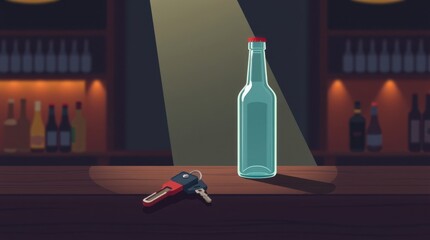Empty bottle and keys on a bar, cautioning against drinking and driving with warm lighting.