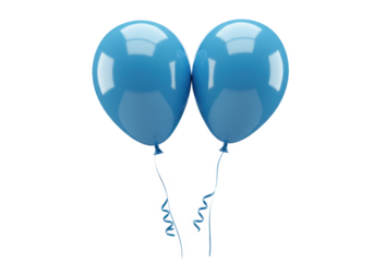A pair of floating helium filled blue balloons tied with thin curling ribbons at the bottom isolated on transparent background