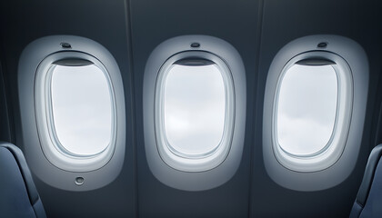 Airplane windows, view from inside cabin with gray side wall