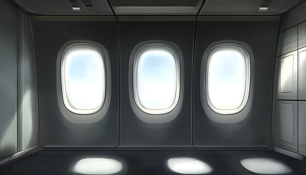 Airplane windows, view from inside cabin with gray side wall