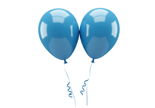 A pair of floating helium filled blue balloons tied with thin curling ribbons at the bottom isolated on transparent background