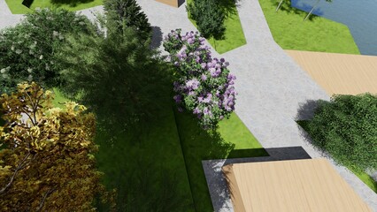 3d image of the landscape design of the home territory. Landscaping of the territory. Computer visualization of composite landscaping and landscaping solutions.