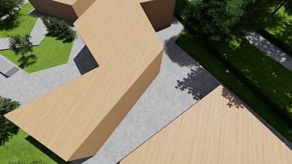 3d image of the landscape design of the home territory. Landscaping of the territory. Computer visualization of composite landscaping and landscaping solutions.