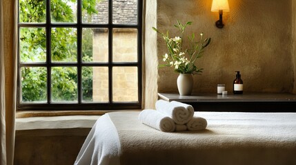 Fototapeta premium Folded towels on window-facing bed