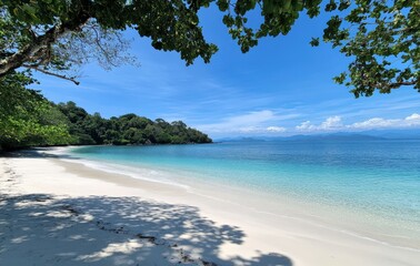 Fototapeta premium Serene Tropical Beach with Turquoise Water and Lush Greenery Under Bright Blue Sky and Fragrant Trees Casting Gentle Shadows