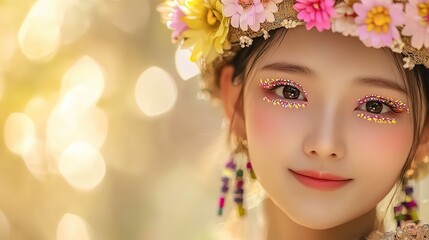 Naklejka premium Chinese woman wearing bamboo hat with flower, colorful eye makeup, exotic outfit , dreamy portrait 