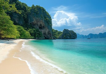 Fototapeta premium Serene Tropical Landscape with Crystal Clear Water, Lush Green Mountains, and White Sandy Beach in a Beautiful Paradise Setting