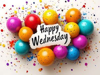 Vibrant and Festive Happy Wednesday Greeting with Colorful Spheres.