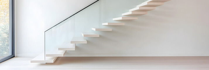 A minimalist interior features floating stairs with a glass railing, set against a white wall, creating a clean and modern architectural aesthetic. Light and airy.