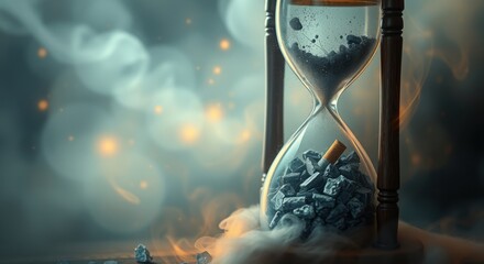 Time running out due to smoking, an hourglass with a cigarette butt against a hazy, orange-lit background.