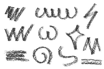 Charcoal bold strokes collection. Rough pencil scribbles lines Hand drawn circles and spiral shapes. Scribble black strokes Marker, crayon chalk drawing. Set of sketch texture. Vector illustration