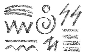 Charcoal bold strokes collection. Rough pencil scribbles lines Hand drawn circles and spiral shapes. Scribble black strokes Marker, crayon chalk drawing. Set of sketch texture. Vector illustration