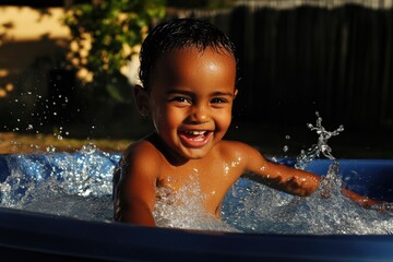 Fototapeta premium Smiling african child playing in water tub outside on sunny day