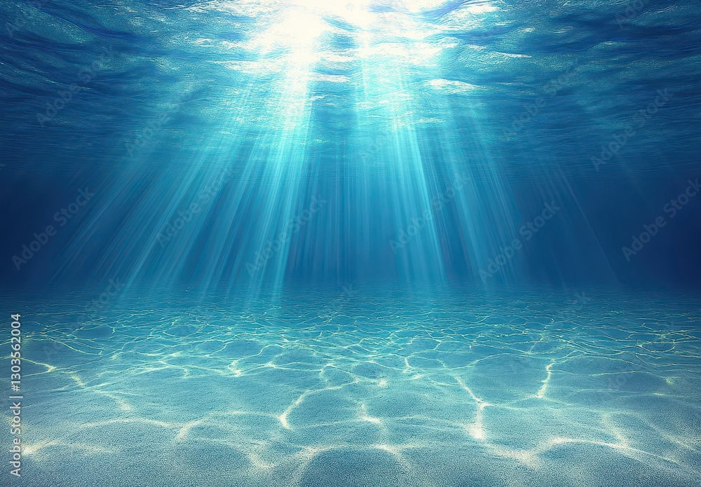 Poster serene underwater scene with soft sunlight filtering through clear water displaying gentle waves and