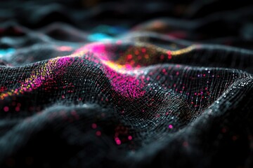 Close-up of vibrant textile with pink and black sequins on fabric surface