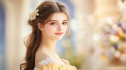 Fototapeta premium pretty woman portrait sensual soft light, woman wearing vintage cute gown smiling at camera 