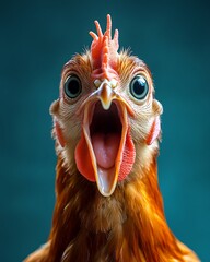 Amusing Portrait of a Surprised Colorful Chicken with Wide Eyes.
