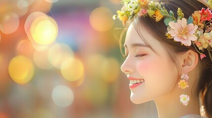 Fototapeta premium goddess like pretty dreamy portrait of a young Asian woman wearing flower crown with bokeh light background