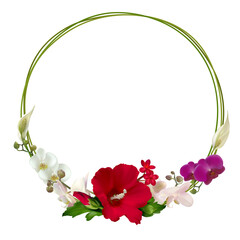 Tropical background. Bright vector illustration of tropical flowers and leaves. Orchids. Hibiscus. Plumeria. Frangipani. Palm leaves. Red. Green. Exotic. Border. 