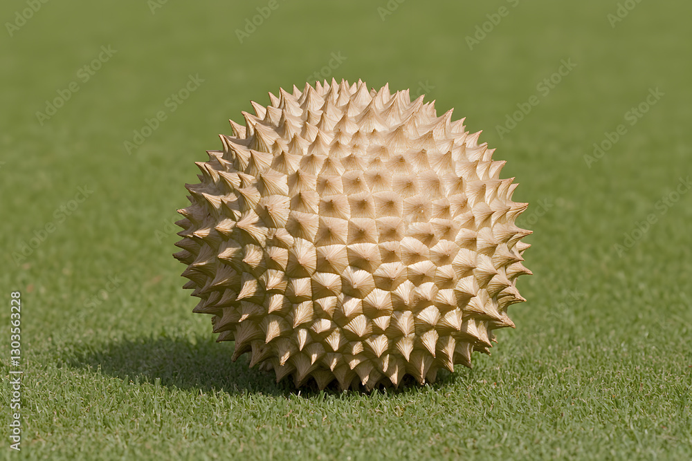 Poster textured sphere with thorn-like projections on green surface. close-up view highlights the unique su