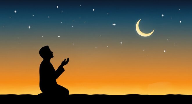A silhouette of a Muslim person kneeling on the ground with his hands raised a common posture during Ramadan dua a spiritual scene against night sky crescent moon is displayed with several stars