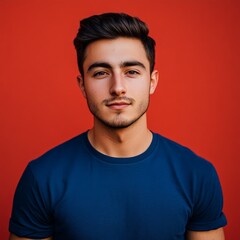 Obraz premium Confident young man poses against a vibrant red background in a casual blue shirt during a photoshoot